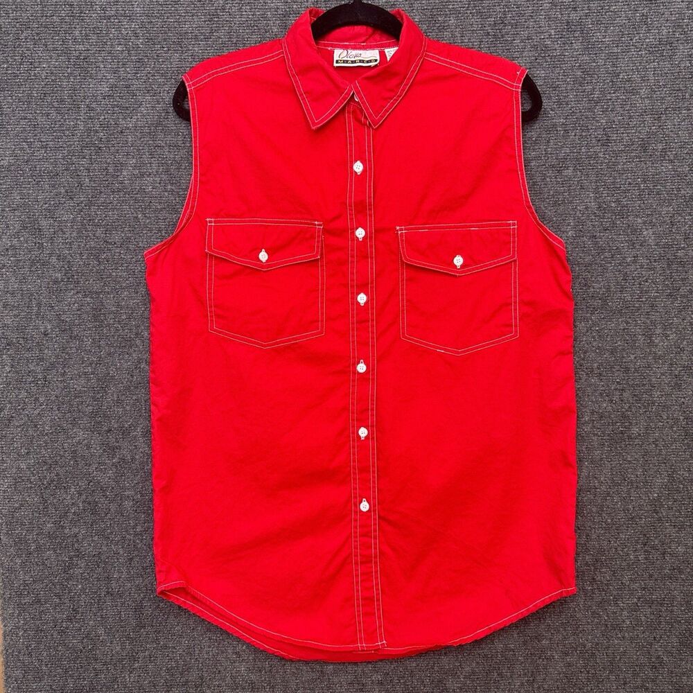 Womens VTG Western Red Sleeveless Button Up Shirt White Stitch Country Cowgirl